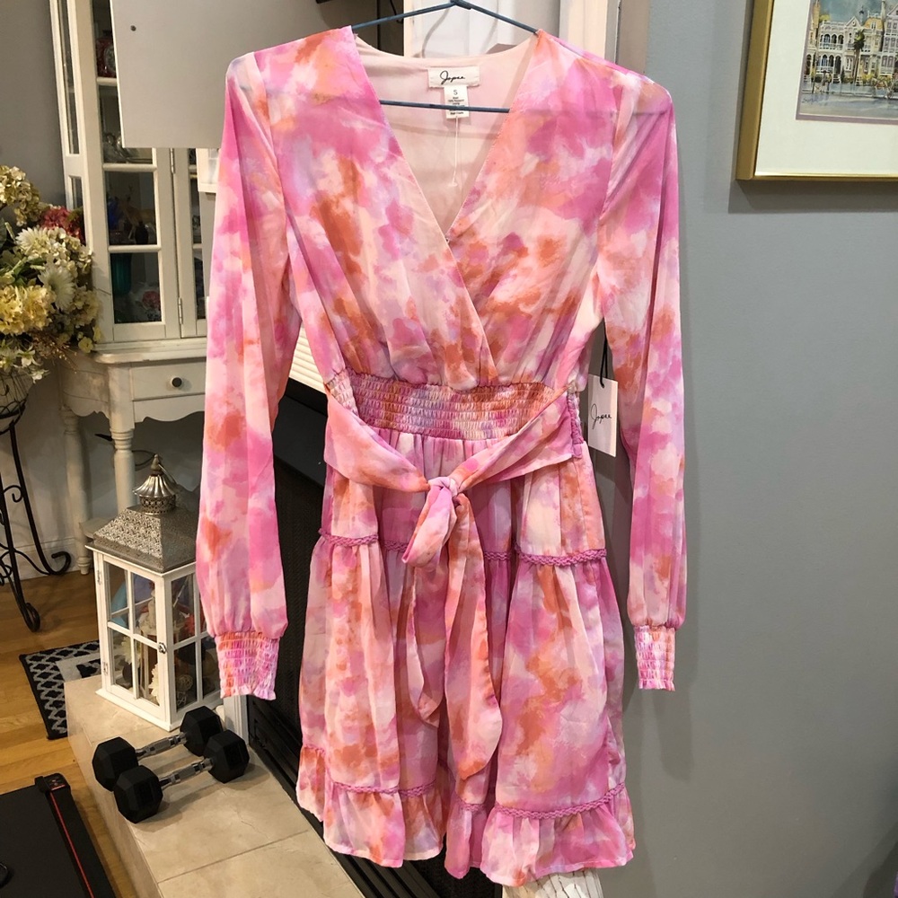 NEW Long Sleeve Ruffle Ombre Water Color Tie Dye Dress - Picture 1 of 5